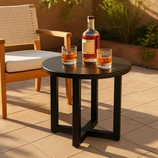 46" Outdoor Round Side Table, Black Metal Patio Coffee Table, All-Weather Garden Bistro Table for Poolside, Balcony & Deck, Round Side Table Outdoor Patio Furniture Metal Coffee Table Garden Bistro