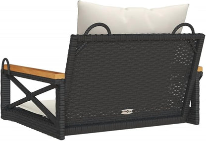 Black and Cream White Swing Bench with Cushions, Modern Outdoor Patio Furniture for Backyard and Balcony, Durable Poly Rattan and Steel Frame, Comfortable Seating
