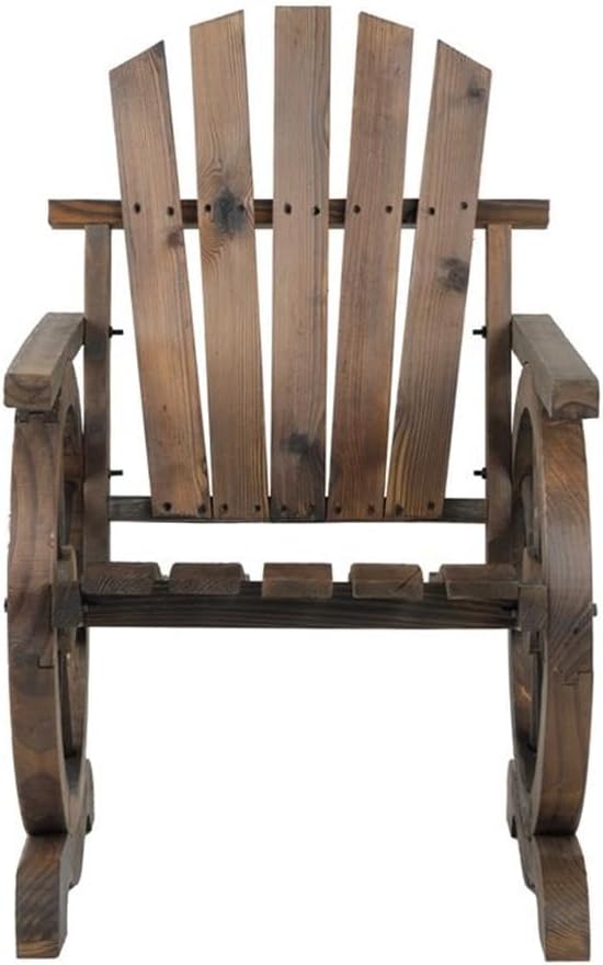 39" Farmhouse Wood Adirondack Chair, Mocha Brown Finish, Solid Construction, Rustic Wheel Detailing, Angled Back for Comfort, Durable Outdoor Patio or Backyard Seating