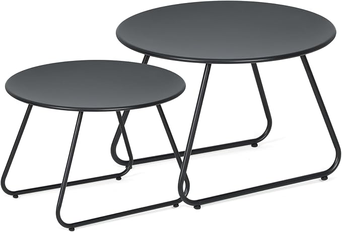 MoNiBloom Black Outdoor Patio Nesting Side Tables Set of 2, Weather Resistant 24" Round Steel Coffee Tables for Garden Balcony Porch Backyard Lawn Deck Yard Poolside Outside
