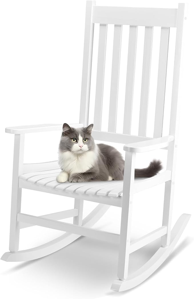 Outvita Outdoor Rocking Chair, Solid Wood High Back Rocker, All Weather Lounge Chair for Porch Patio Fire Pit Garden Backyard Deck Indoor, White