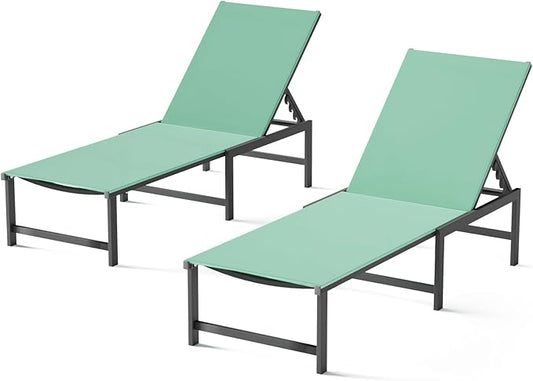 Chaise Lounge Chair Outdoor,Aluminum Patio Lounge Chairs Set of 2,Pool Lounge Chairs with 5 Adjustable Backrest and Headrest Pillows for Outside Beach，Green