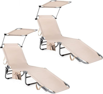 GYMAX Tanning Chair, Beach Lounge Chair with Canopy Sunshade, Carry Handle & Pocket, 5 Level Adjustable Layout Chaise Lounge for Outside, Folding Sunbath Chair for Outdoor, Patio, Poolside (2, Sand)
