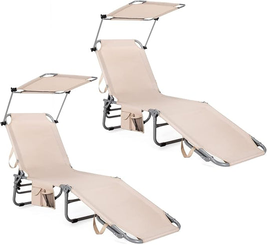 GYMAX Tanning Chair, Beach Lounge Chair with Canopy Sunshade, Carry Handle & Pocket, 5 Level Adjustable Layout Chaise Lounge for Outside, Folding Sunbath Chair for Outdoor, Patio, Poolside (2, Sand)