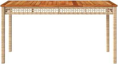 Beige Poly Rattan Rectangular Garden Table 55.1x31.5x29.5 in, Solid Acacia Wood Top for Outdoor Dining, Powder-Coated Steel Frame, Fits Up to Six Guests, Durable Patio