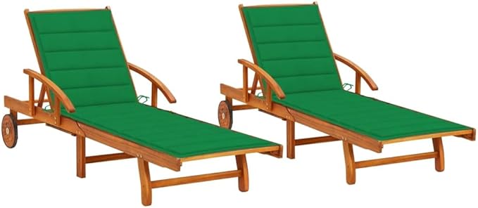 Adjustable Sun Lounger with Green Cushion Made from Solid Natural Acacia Wood Standard Outdoor Furniture for Garden - Photo 1