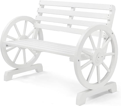 VINGLI 41" Rustic Wooden Wheel Bench Outdoor Bench, 2-Person Patio Bench Wagon Slatted Seat, Garden Benches for Outdoors 350lbs High Capacity, Weather Resistance (White)