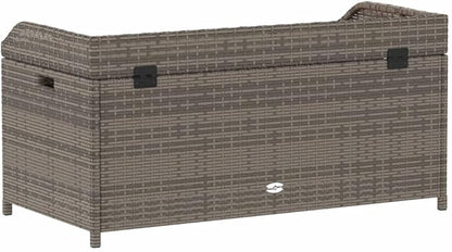 Grey and Brown Storage Bench with Gas Spring Lid, Poly Rattan and Acacia Wood, UV Resistant Water-Resistant Outdoor Indoor Seating for Patio Balcony Garden, Ample Storage