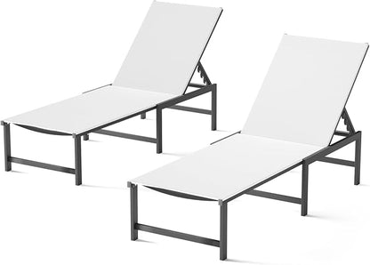 Chaise Lounge Chair Outdoor,Aluminum Patio Lounge Chairs Set of 2,Pool Lounge Chairs with 5 Adjustable Backrest and Headrest Pillows for Outside Beach，White