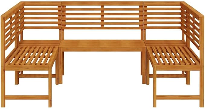 5-Piece Solid Acacia Wood Garden Bench Set in Brown, Rustic Outdoor Patio Furniture with Finished Back Design, Durable Rectangular Seating for Terrace and Backyard