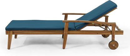 Outdoor Chaise Lounge Chair, Pool Lounge Chairs with Wheels, 5-Position Adjustable Backrest & Wood Frame, Patio Lounge Chair for Pool Poolside Sunbathing Backyard Beach (Blue)