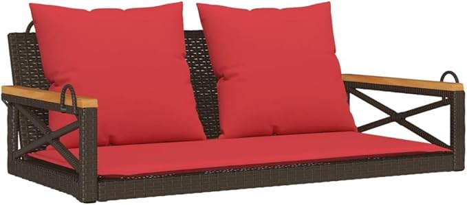Brown PE Rattan Patio Swing Bench 42.9"x24.4"x15.7 with Red Cushions for Outdoor Relaxation Garden Patio Balcony Modern - Photo 3