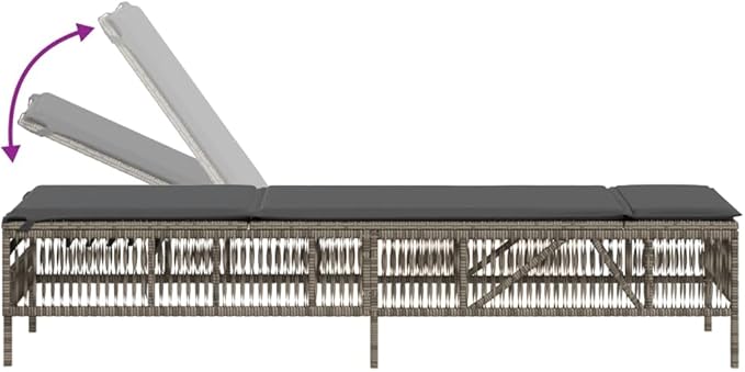 Adjustable Sun Lounger with Removable Cushion Covers, Grey PE Rattan Outdoor Chaise Lounge 77.9 x 21.7 x 37.8 in - Photo 7