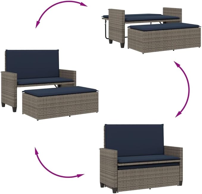 Garden Bench Deck Bench Patio Bench with Cushions and Footstool Gray Poly Rattan