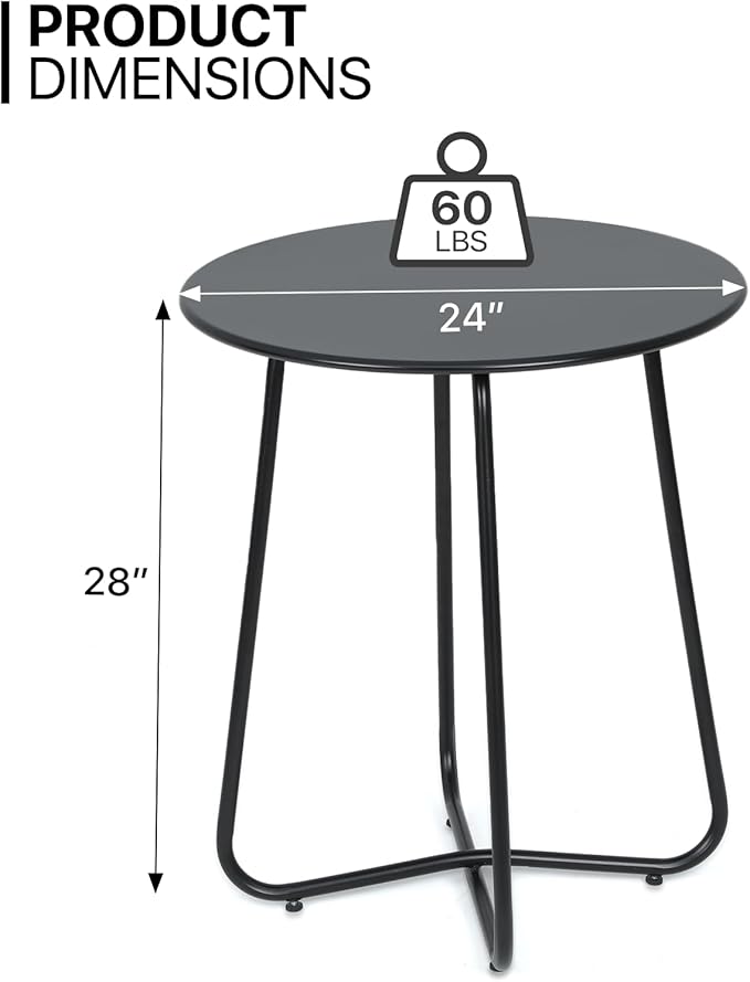 MoNiBloom 24-Inch Black Outdoor Patio Side Table, Indoor Small Round Coffee Table, Steel Frame End Table for Garden Balcony Porch Backyard Lawn Deck Yard Poolside Outside Weather Resistant