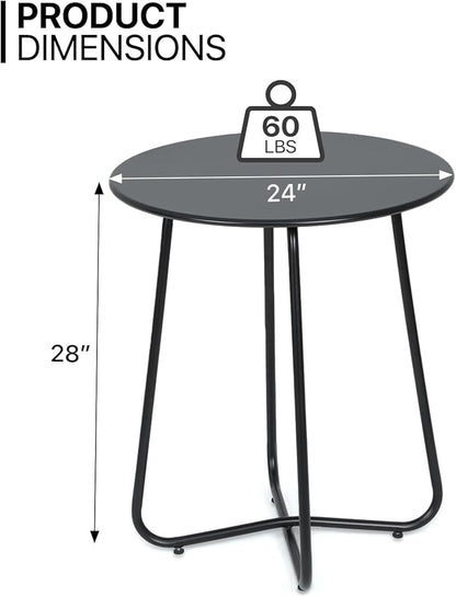 MoNiBloom 24-Inch Black Outdoor Patio Side Table, Indoor Small Round Coffee Table, Steel Frame End Table for Garden Balcony Porch Backyard Lawn Deck Yard Poolside Outside Weather Resistant
