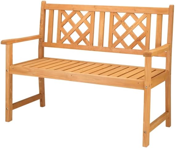 Outdoor Garden Wooden Bench with Fir Grid Back, Burlywood Patio Seat for Porch Deck Yard - Photo 1
