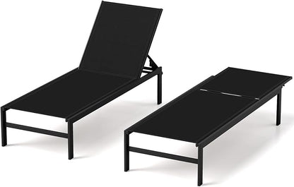 HAPPYGRILL Aluminum Chaise Lounge Chair, Heavy-Duty Patio Recliner W/ 6-Level Backrest & Breathable Fabric, Outdoor Lightweight Reclining Lounge Chair for Backyard, Poolside, Porch (2, Black)