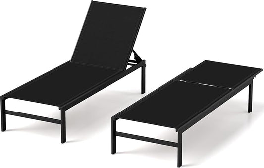 HAPPYGRILL Aluminum Chaise Lounge Chair, Heavy-Duty Patio Recliner W/ 6-Level Backrest & Breathable Fabric, Outdoor Lightweight Reclining Lounge Chair for Backyard, Poolside, Porch (2, Black)
