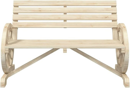 Solid Fir Wood Garden Bench for Patio and Backyard, 2-Seater Outdoor with Wagon Wheel Armrests, Durable Weather-Resistant Natural Wood Bench for Garden Terrace Balcony Decor