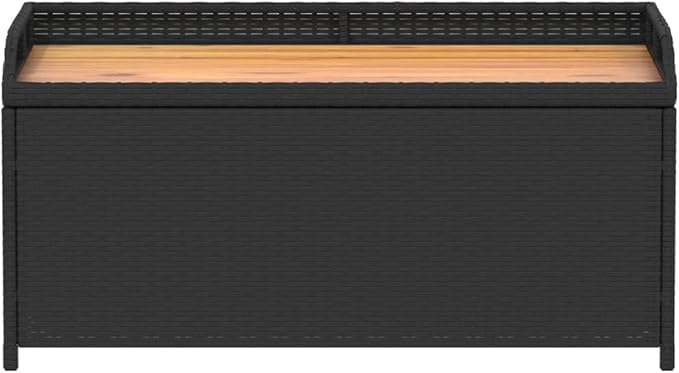 Outdoor Storage Bench with Acacia Wood Top and Synthetic Rattan, UV-Resistant and Powder-Coated Steel Frame for Patio, Balcony, Garden, Seating and Storage Solution, Holds Up