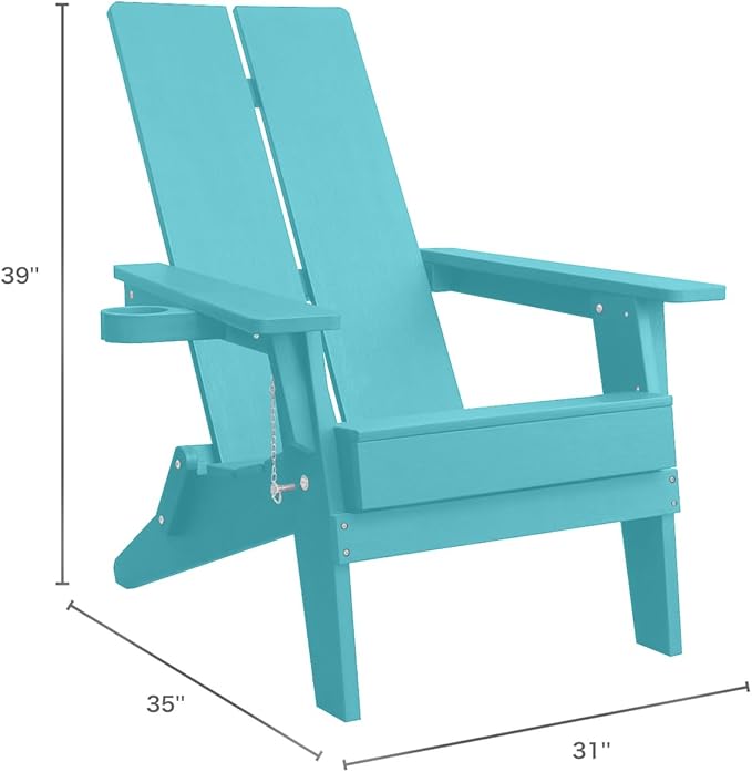 Modern Folding Adirondack Chair, All-Weather HIPS Plastic Outdoor Lounge with Cup Holder, Stackable Resin Patio Chair for Fire Pit, Garden, Deck & Backyard Seating (Teal Blue)