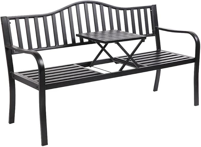 Metal Garden Bench with Pullout Middle Table Patio Seating Double Seat Steel Bench for Outdoor Patio Garden Backyard Weather-Resistant Frame-Black 2