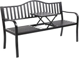 Metal Garden Bench with Pullout Middle Table Patio Seating Double Seat Steel Bench for Outdoor Patio Garden Backyard - Photo 1