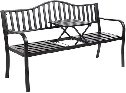 Metal Garden Bench with Pullout Middle Table Patio Seating Double Seat Steel Bench for Outdoor Patio Garden Backyard Weather-Resistant Frame-Black 2