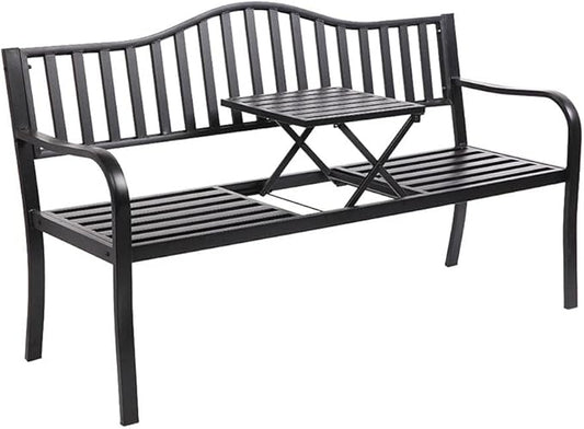 Metal Garden Bench with Pullout Middle Table Patio Seating Double Seat Steel Bench for Outdoor Patio Garden Backyard Weather-Resistant Frame-Black 2