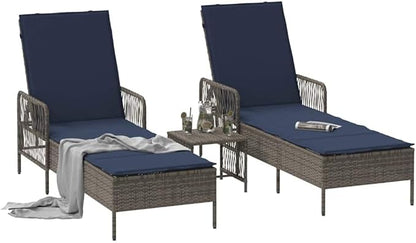3-Piece Outdoor Lounge Set Grey-Navy Poly Rattan Adjustable Chaise 78.74x21.65x36.22 in with Side Table Cushions Modern Sun Lounger Chairs for Patio Pool Deck Backyard