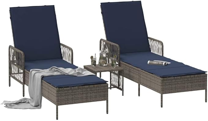Sun Lounger Set for Patio, 2 Gray Poly Rattan Chaise Lounge Chairs 13.8 x 13.8 x 12.6 in with Adjustable Backrest - Photo 3