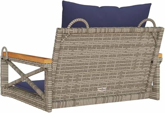 Gray PE Rattan Single Detachable Patio Swing Bench with Navy Cushions for Outdoor Relaxation, Weather Resistant and Easy Maintenance