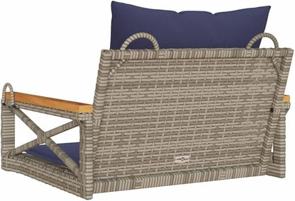 Gray PE Rattan Single Detachable Patio Swing Bench with Navy Cushions for Outdoor Relaxation, Weather Resistant and Easy Maintenance