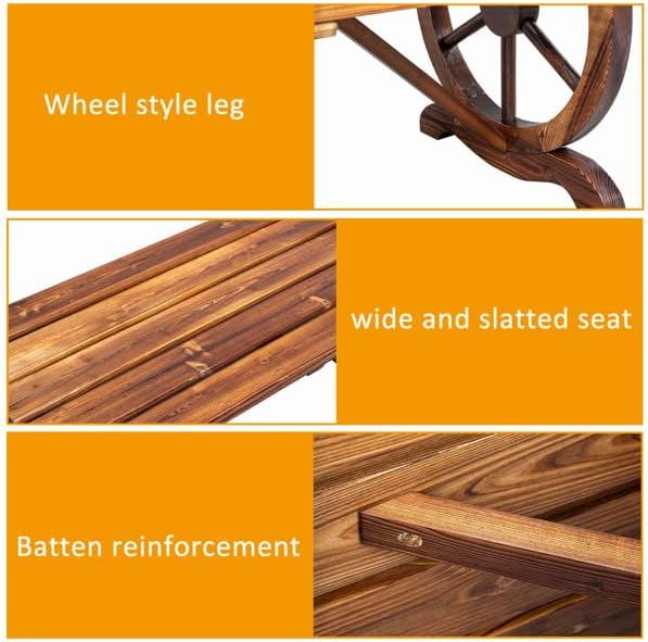 2-Person Rustic Wooden Garden Bench, Wagon Wheel Outdoor Chair for Patio, Backyard, Porch or Deck Seating, Farmhouse Burnt Wood Finish, Weather-Resistant, Country Style Furniture for Lawn Decor