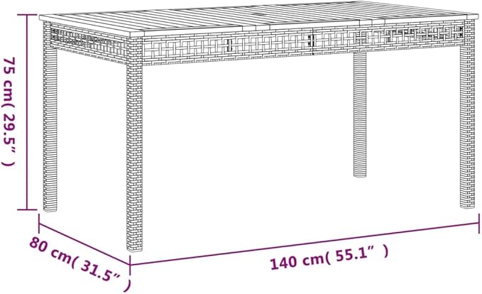 Beige Poly Rattan Rectangular Garden Table 55.1x31.5x29.5 in, Solid Acacia Wood Top for Outdoor Dining - Photo 2