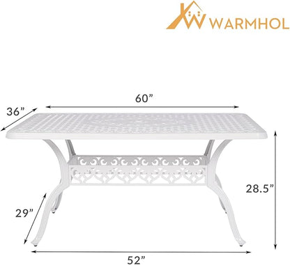 Outdoor Cast Aluminum Patio Table, 60” Rectangular Bistro Table with 2’’ Umbrella Hole for Patio Furniture Garden Deck Backyard, White