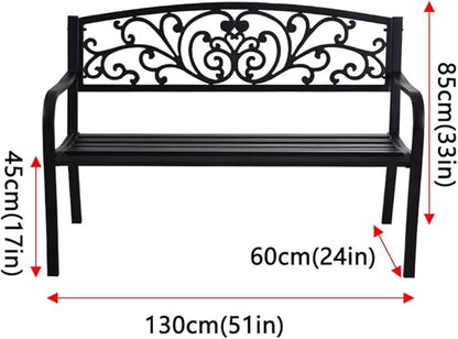 Outdoor Metal Garden Bench, 2 Seater Steel Patio Furniture Seat w/Backrest and Armrests for Backyard, Park, Front Porch