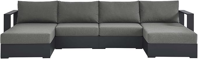 Modway Tahoe Aluminum 4-Piece Outdoor Patio Furniture Gray Charcoal, Modular Sectional Sofa Set with Chaise Lounges, Weather-Resistant Cushion, Ideal for Deck, Backyard, Poolside