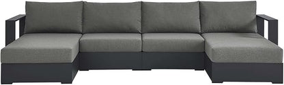Modway Tahoe Aluminum 4-Piece Outdoor Patio Furniture Gray Charcoal, Modular Sectional Sofa Set with Chaise Lounges, Weather-Resistant Cushion, Ideal for Deck, Backyard, Poolside