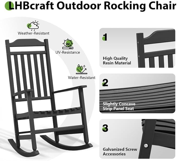LHBcraft Oversized Rocking Chair Outdoor-High Back Porch Rocker, HDPE All Weather Black Rocking Chair for Porch, Outdoor Chairs for Patio, Polywood Rocking Chairs