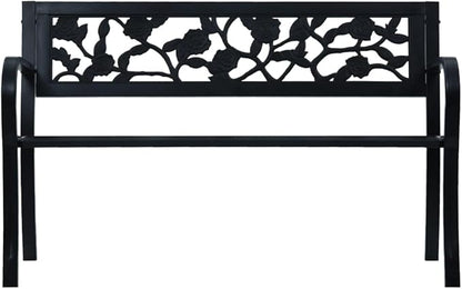 Vintage Black Steel Garden Bench 49.2 Inch Outdoor Patio Seating with Floral Backrest Durable Rectangular Bench for Two People