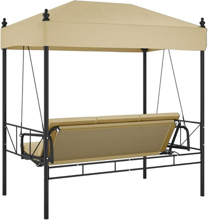 3-Person Convertible Garden Swing Bench, Outdoor Patio Porch Swing Bed with Canopy, Heavy-Duty Powder-Coated Steel Frame, Weather-Resistant Brown and Beige