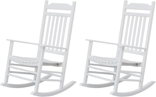 Patio Rocking Chairs Furniture White Wooden Outdoor Rockers Set of 2 Porch for Audlt Indoor Outside Balcony Garden Backyard Lawn Bistro and Lounge