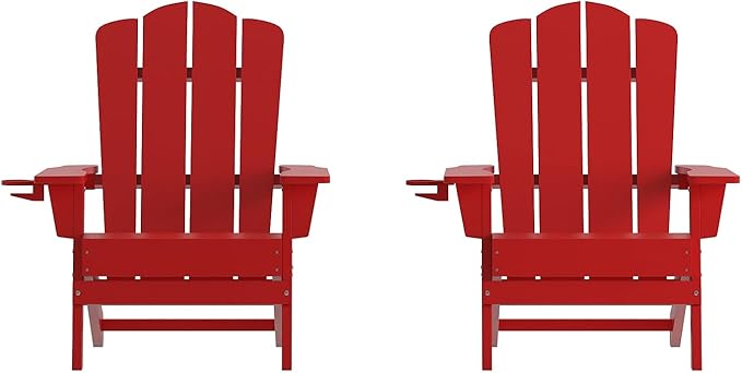 Flash Furniture Newport Adirondack Chairs with Cup Holders, Weather Resistant Poly Resin Adirondack Chairs, Set of 2 - Photo 1