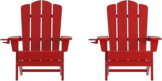 Flash Furniture Newport Adirondack Chairs with Cup Holders, Weather Resistant Poly Resin Adirondack Chairs, Set of 2, Red