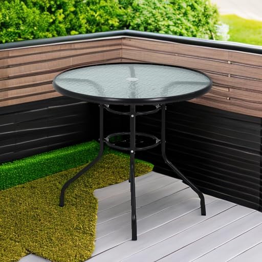 MKDLUFEI 32 Inch Round Outdoor Dining Table, Patio Table with Umbrella Hole, Tempered Glass Top, Black Steel Frame - Photo 6