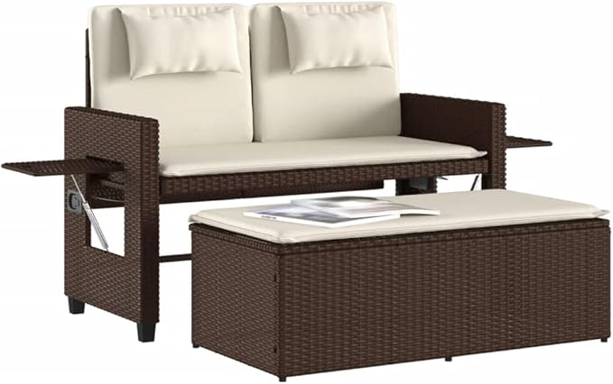 Garden Bench Deck Bench Reclining Patio Bench with Cushions Brown Poly Rattan - Photo 4
