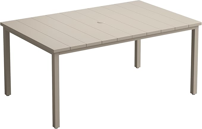 VICLLAX 63" Rectangle Outdoor Dining Table for 6, Patio Table with Umbrella Hole, All Weather Metal Patio Tables, Sandshell Tabletop
