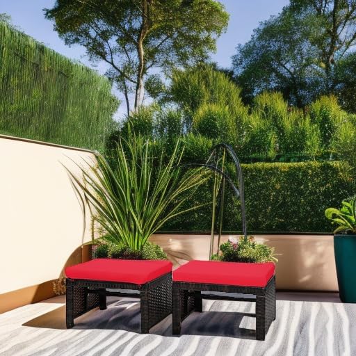 Tangkula 2 Pieces Patio Rattan Ottomans, All Weather Outdoor Footstool Footrest Seat with Soft Cushion, Hidden Zipper - Photo 5
